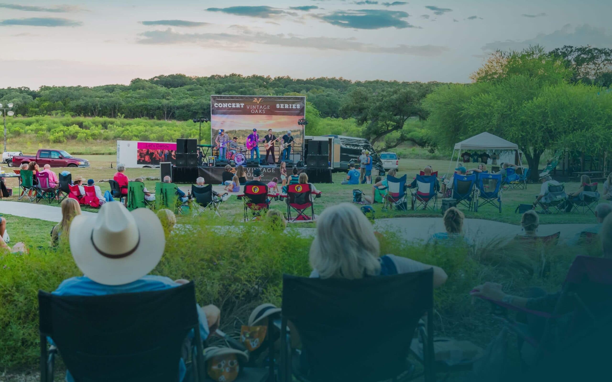 A group of people sitting in lawn chairs at an outdoor concert.