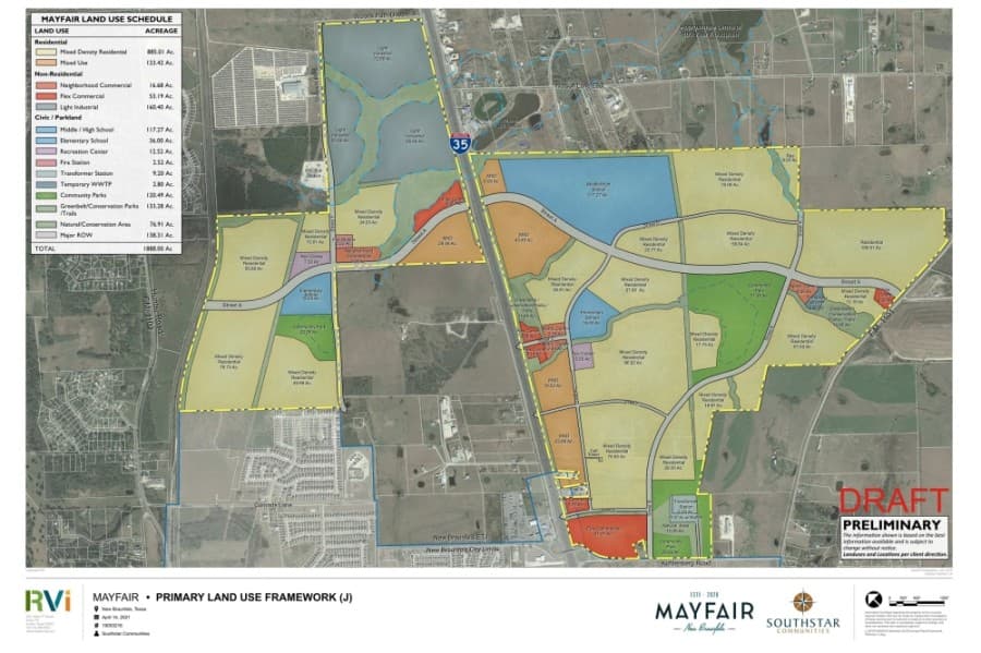 A map of the Mayfair planned development in the city of New Braunfels, Texas