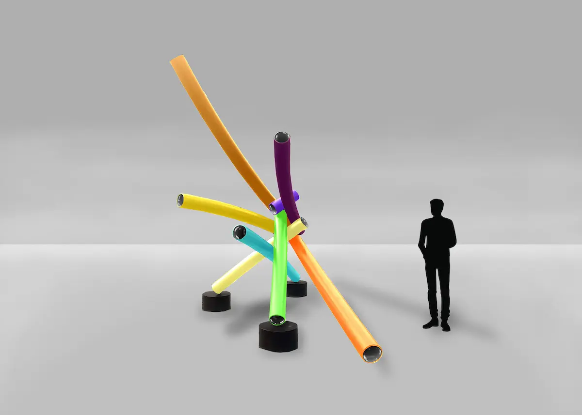 Colorful, intersecting tubes forming a modern art sculpture in San Antonio, with a silhouette of a person standing nearby for scale against a minimalist background.